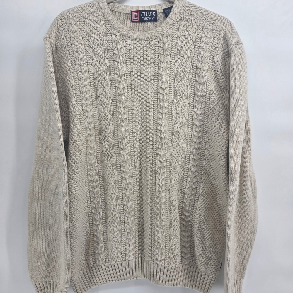CHAPS Mens‎ Tan Cable Knit Crew Neck Sweater Size LG Cotton chunky